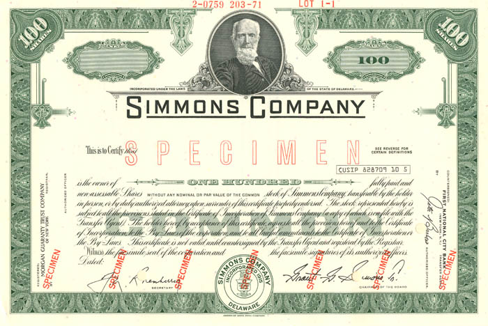 Simmons Co. - Specimen Stock Certificate